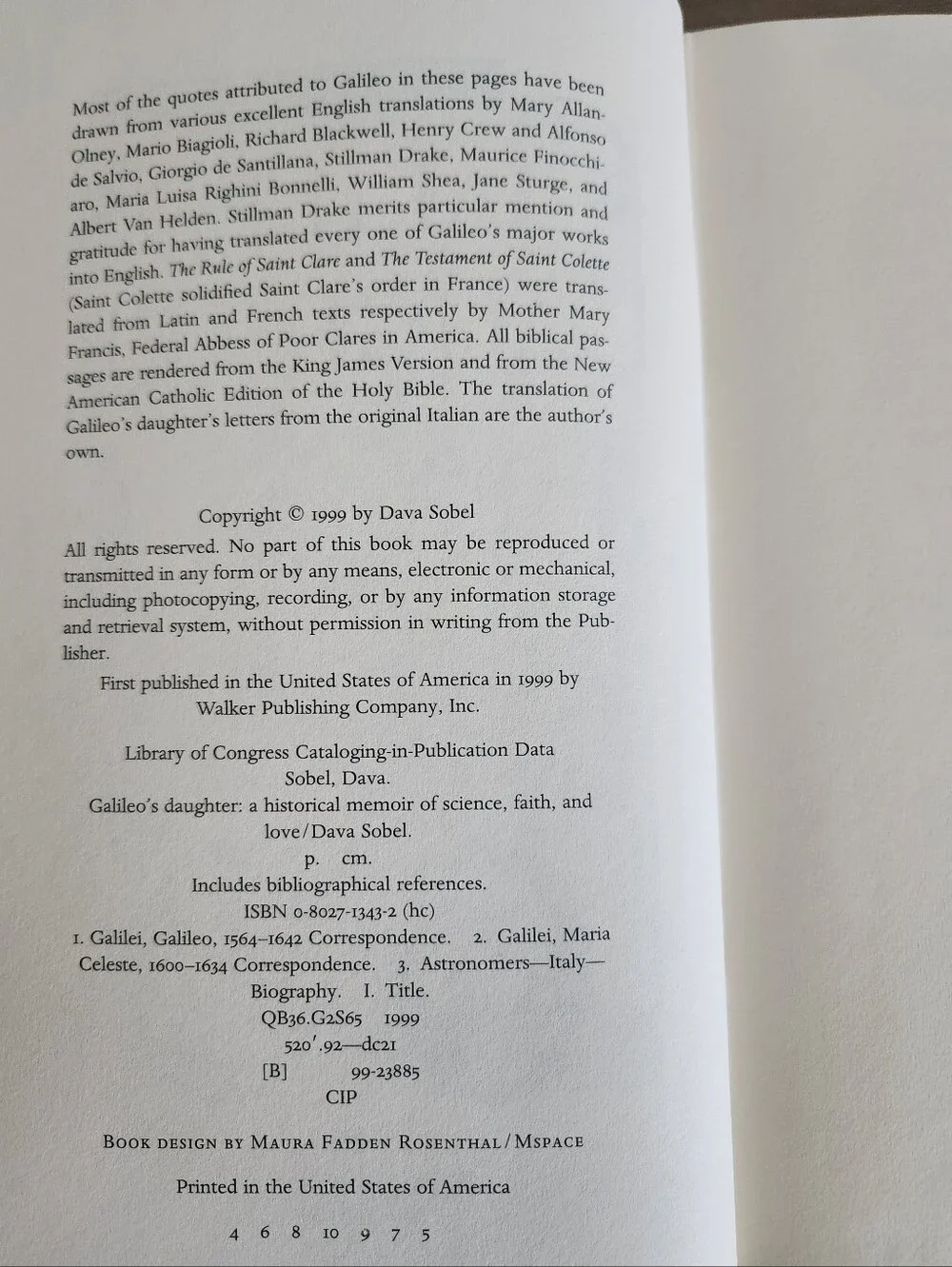 Galileo's Daughter Dava Sobel 1999 Hardcover Science History 4th Printing